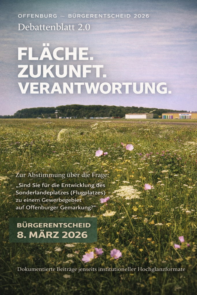 Ein grasbewachsenes Feld mit vereinzelten Wildblumen und einer Baumreihe in der Ferne. Große Texteinblendungen werben für eine lokale Abstimmung in Offenburg am 8. März 2026 über die Entwicklung des Gebiets zu einem Industriegebiet.