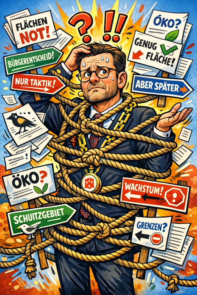 Ein besorgter Mann im Anzug, schwitzend und mit Seilen gefesselt, steht umgeben von fliegenden Papieren und bunten Schildern mit deutschen Worten über Landnutzung, Umwelt und Politik. Symbole wie Ausrufe- und Fragezeichen machen das Chaos noch größer.
