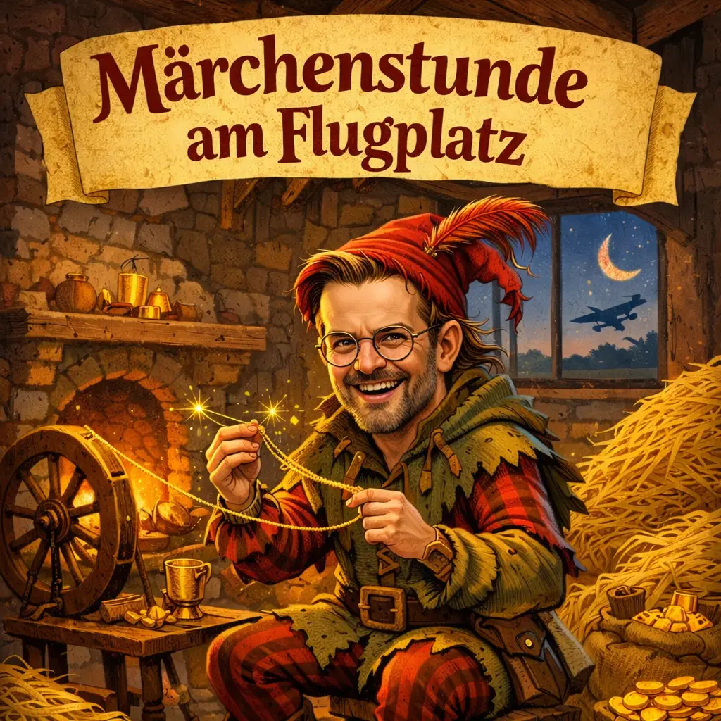 Ein fröhlicher, als Märchenfigur verkleideter Mann spinnt Stroh zu Gold in einem gemütlichen, rustikalen Raum mit Heu und Münzen. Auf einem Schild über ihm steht "Märchenstunde am Flugplatz". Vor dem Fenster fliegt ein Flugzeug an einer Mondsichel vorbei.