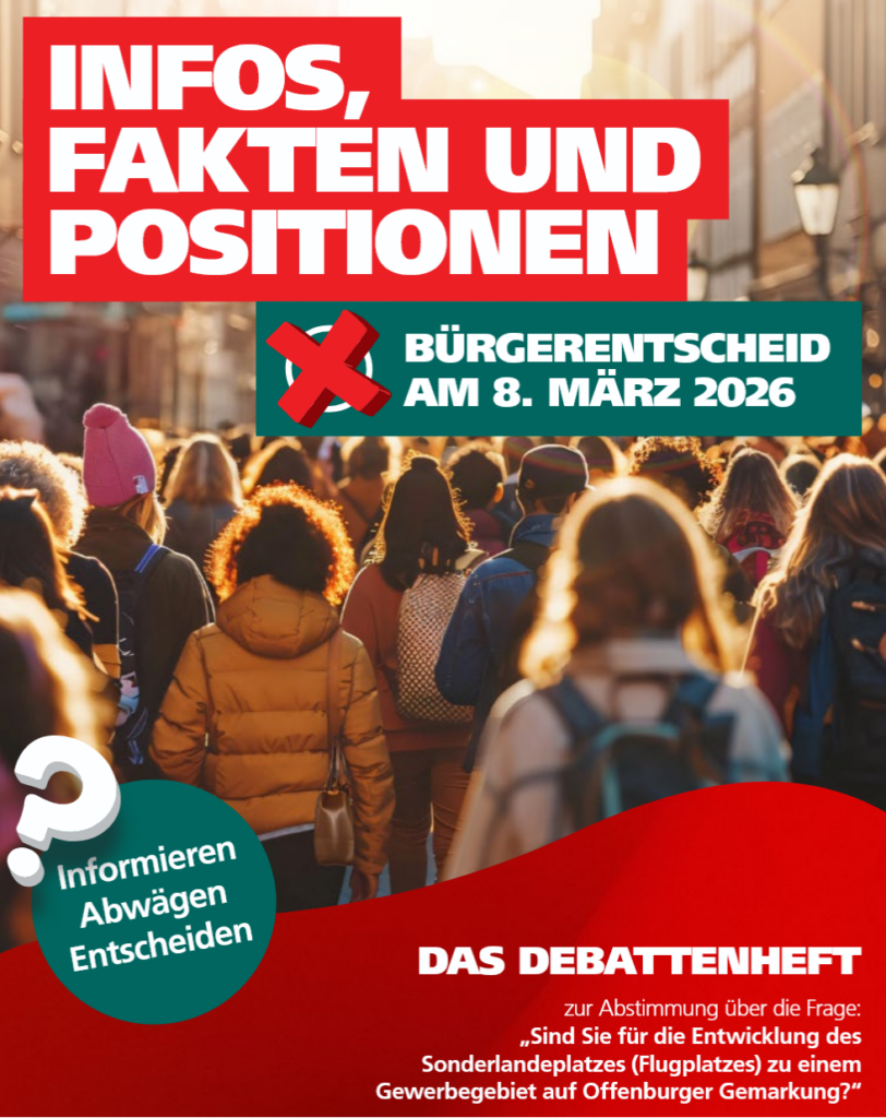 Eine Menschenmenge geht von hinten gesehen eine sonnenbeschienene Straße entlang. Der Text ist fett gedruckt: Infos, Fakten und Positionen. Bürgerentscheid am 8. März 2026. Ein zusätzlicher Text fordert die Menschen auf, sich zu informieren, bevor sie über eine lokale Entwicklungsfrage abstimmen.