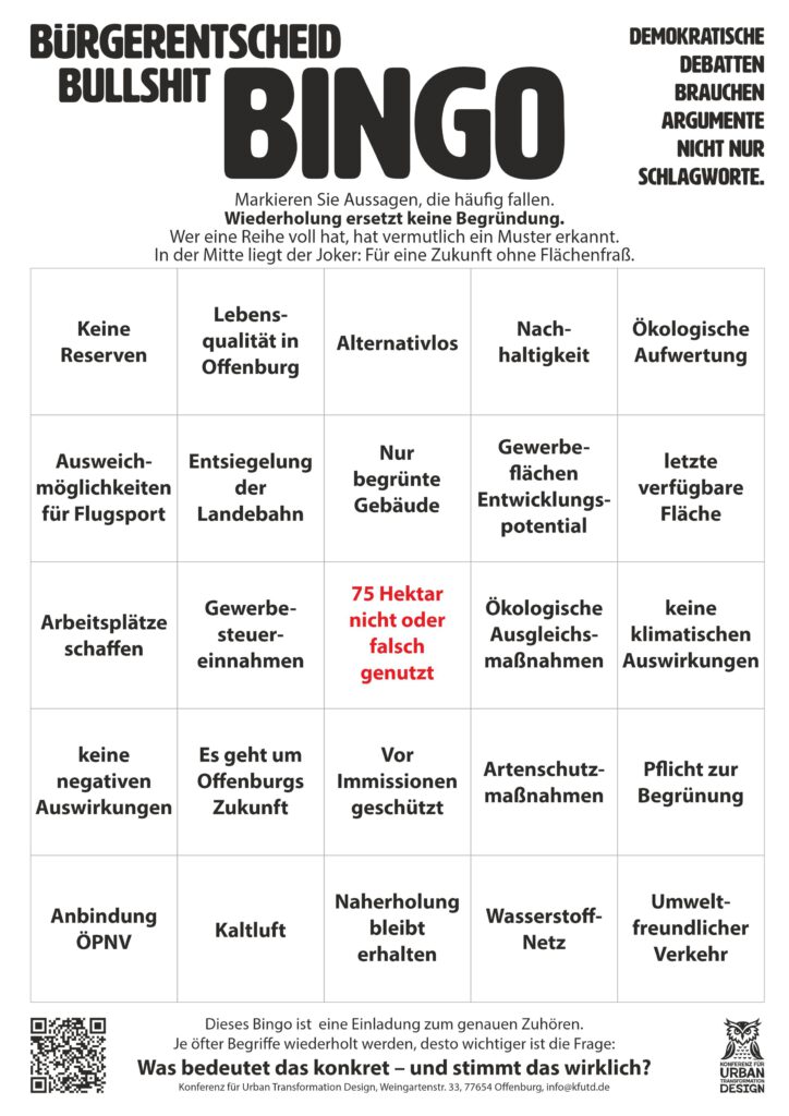 Eine Bingokarte mit dem Titel Bürgerentscheid Bullshit Bingo mit gängigen Argumenten zu einem Bürgerentscheid. Im mittleren Feld steht 75 Hektar nicht oder selten genutzt, umgeben von verschiedenen politischen Phrasen auf Deutsch. Text auf beiden Seiten.
