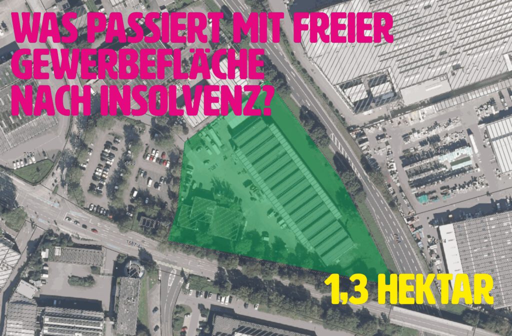 Luftaufnahme eines Industriegebiets mit einer grünen Überlagerung, die eine leerstehende Gewerbefläche hervorhebt. Der deutsche Text lautet: "Was passiert mit freier Gewerbefläche nach Insolvenz? 1,3 Hektar.".