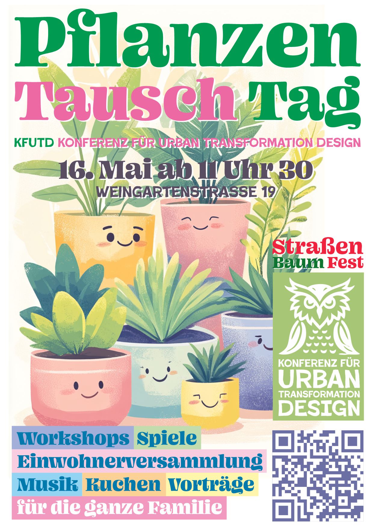 Buntes Faltblatt mit illustrierten Topfpflanzen, großer grüner und rosafarbener Schrift "Pflanzen Tausch Tag", Datum/Uhrzeit (16. Mai, 11:30) und Angaben zu Workshops, Spielen, Musik, Kuchen und Vorträgen für Familien.