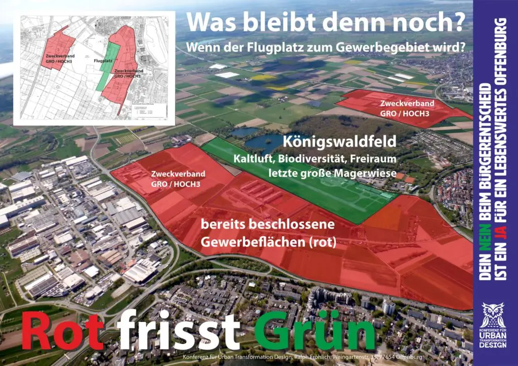 Luftbildkarte mit Hervorhebung der grünen und roten Zonen; rot sind die geplanten Industriegebiete mit der Bezeichnung "Zweckverband" und "bereits beschlossene Gewerbeflächen", während grün das "Königswaldfeld" markiert. Der Text warnt vor dem Verlust von Grünflächen durch Bebauung.