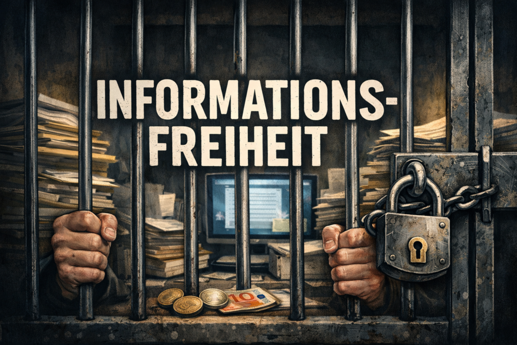 Zwei Hände halten Gefängnisgitter mit einem großen Vorhängeschloss, dahinter Stapel von Papieren, Münzen und ein Zehn-Euro-Schein. Ein Computerbildschirm zeigt Text an. Darüber steht in großer Schrift "INFORMATIONSFREIHEIT".