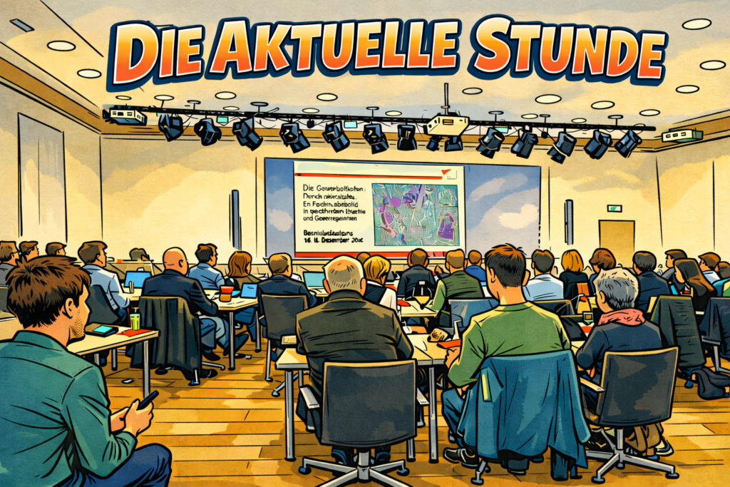 Eine große Gruppe von Menschen sitzt in einem Konferenzraum und blickt auf eine Bühne mit einem Bildschirm, auf dem deutsche Texte und Bilder zu sehen sind. Die Schlagzeile DIE AKTUELLE STUNDE wird prominent über der Szene angezeigt.