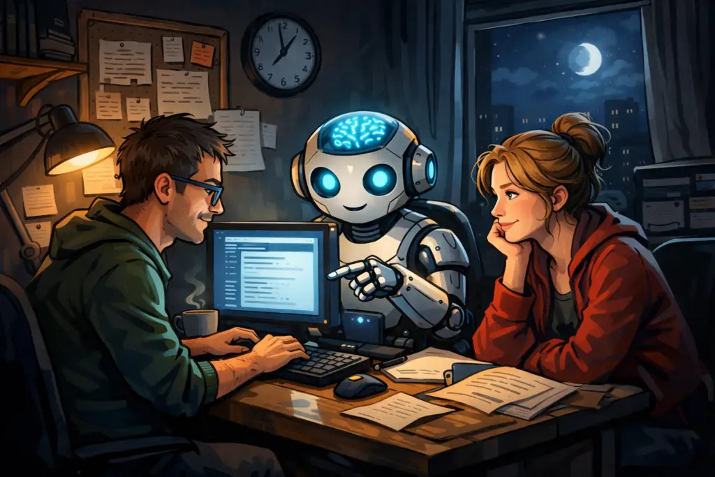 Ein Mann und eine Frau sitzen an einem Schreibtisch mit Papieren und einem Computer und lächeln, während ein freundlicher Roboter mit leuchtenden blauen Augen und Gehirn auf den Bildschirm zeigt. Draußen vor dem Fenster ist es Nacht, der Raum ist warm beleuchtet und gemütlich.
