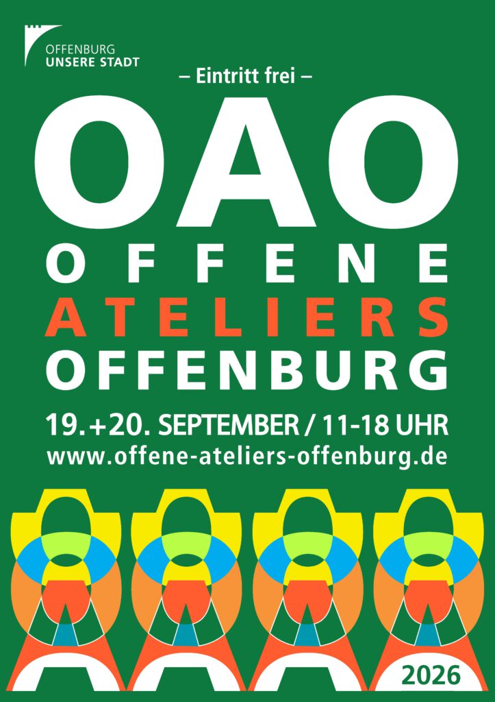 Plakat für "Offene Ateliers Offenburg 2026" mit fetter weißer und roter Schrift auf grünem Hintergrund, Veranstaltungsdetails und bunten abstrakten Mustern am unteren Rand. Veranstaltungstermine: 19.-20. September, 11-18 Uhr. Der Eintritt ist frei.