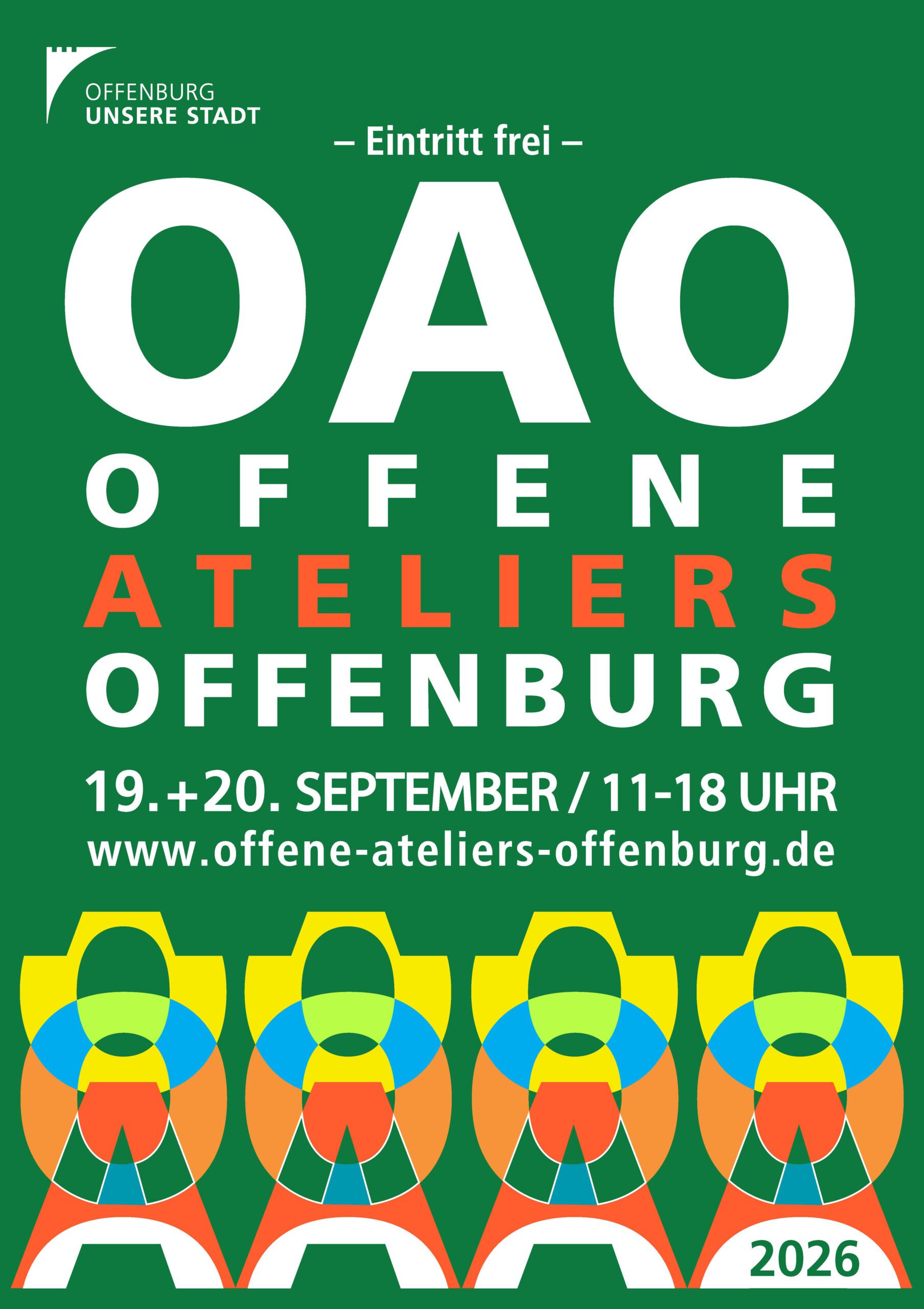 Plakat für "Offene Ateliers Offenburg 2026" mit fetter weißer und roter Schrift auf grünem Hintergrund, Veranstaltungsdetails und bunten abstrakten Mustern am unteren Rand. Veranstaltungstermine: 19.-20. September, 11-18 Uhr. Der Eintritt ist frei.