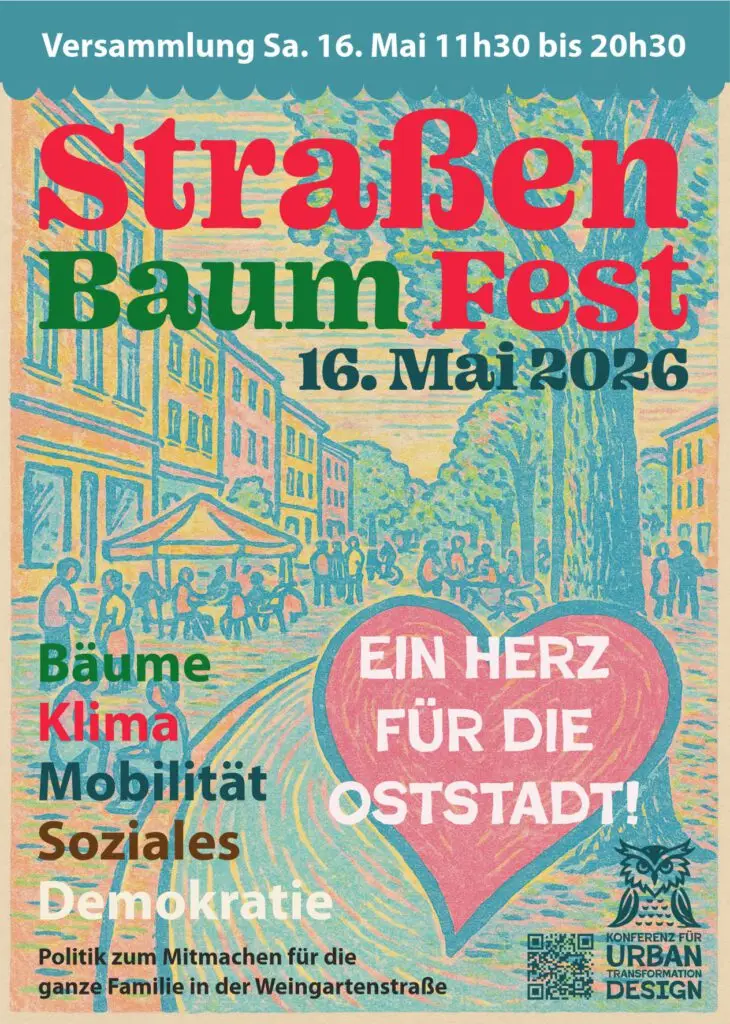 Plakat für das Straßenbaumfest am 16. Mai 2026 mit bunten Illustrationen von Menschen auf einer von Bäumen gesäumten Straße. Der Text hebt die Veranstaltung und Themen wie Bäume, Klima, Mobilität und soziale Themen hervor.