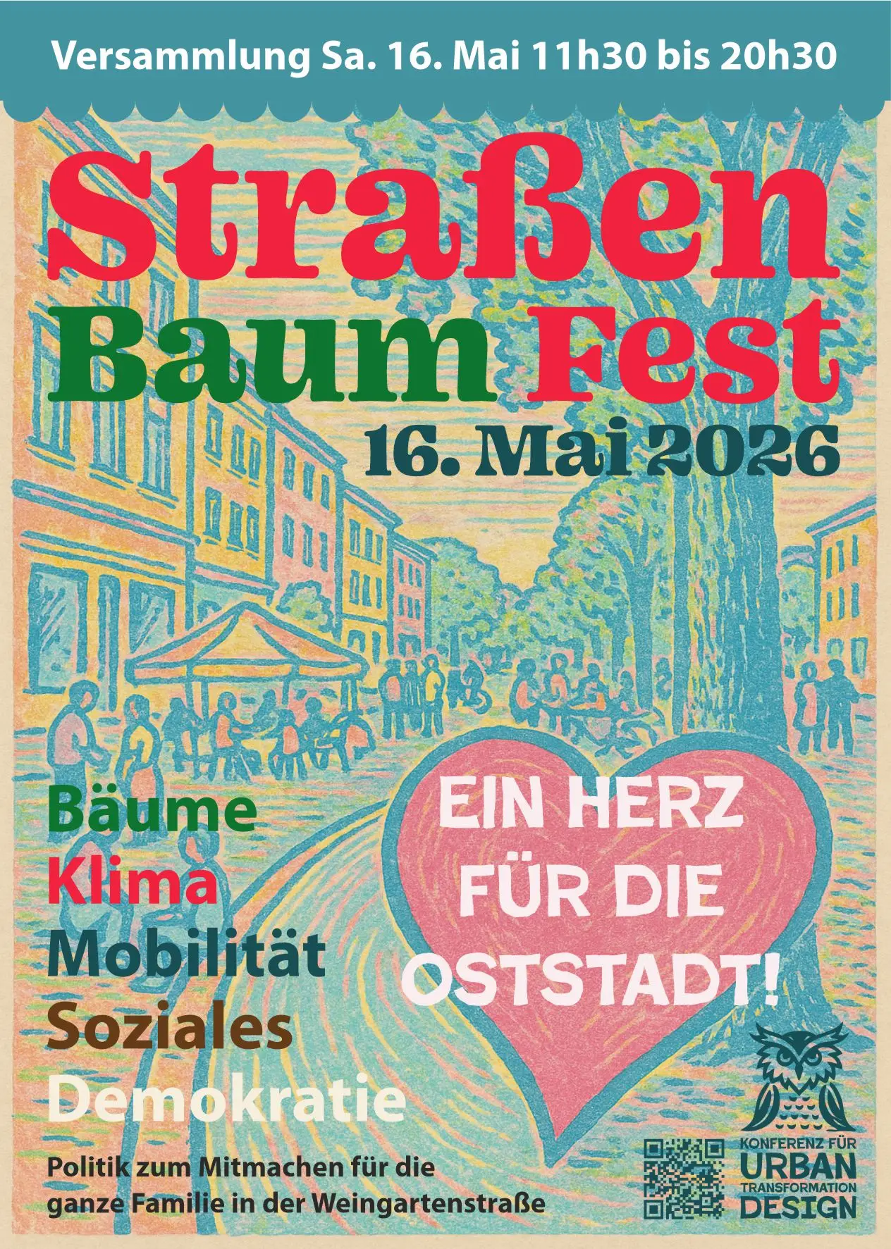 Plakat für das Straßenbaumfest am 16. Mai 2026 mit bunten Illustrationen von Menschen auf einer von Bäumen gesäumten Straße. Der Text hebt die Veranstaltung und Themen wie Bäume, Klima, Mobilität und soziale Themen hervor.
