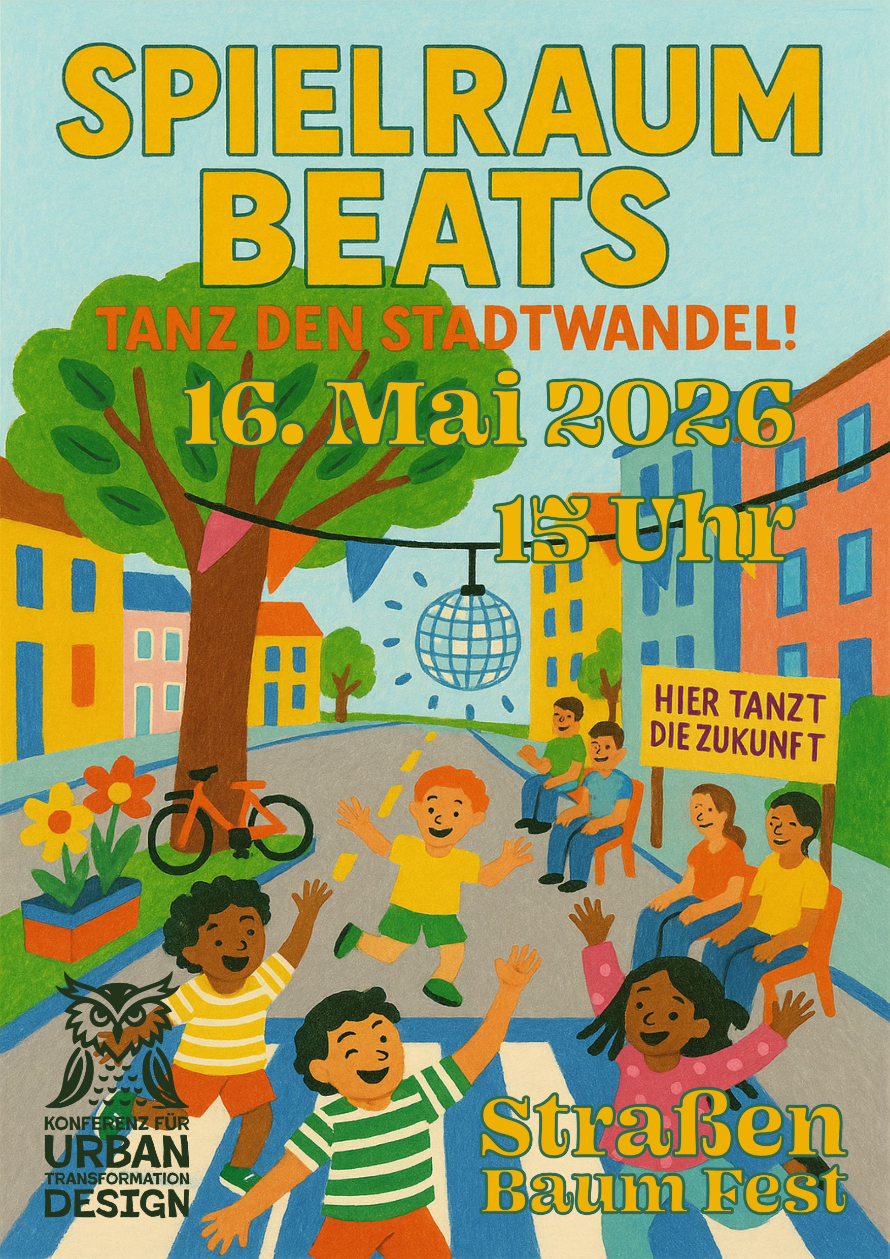 Das farbenfrohe, illustrierte Plakat für den Spielraum Beats am 16. Mai 2026 um 15 Uhr zeigt Menschen aller Altersgruppen, die in einer lebhaften, autofreien Straße mit Bäumen, Luftballons und festlichen Bannern tanzen, Rad fahren und spielen.