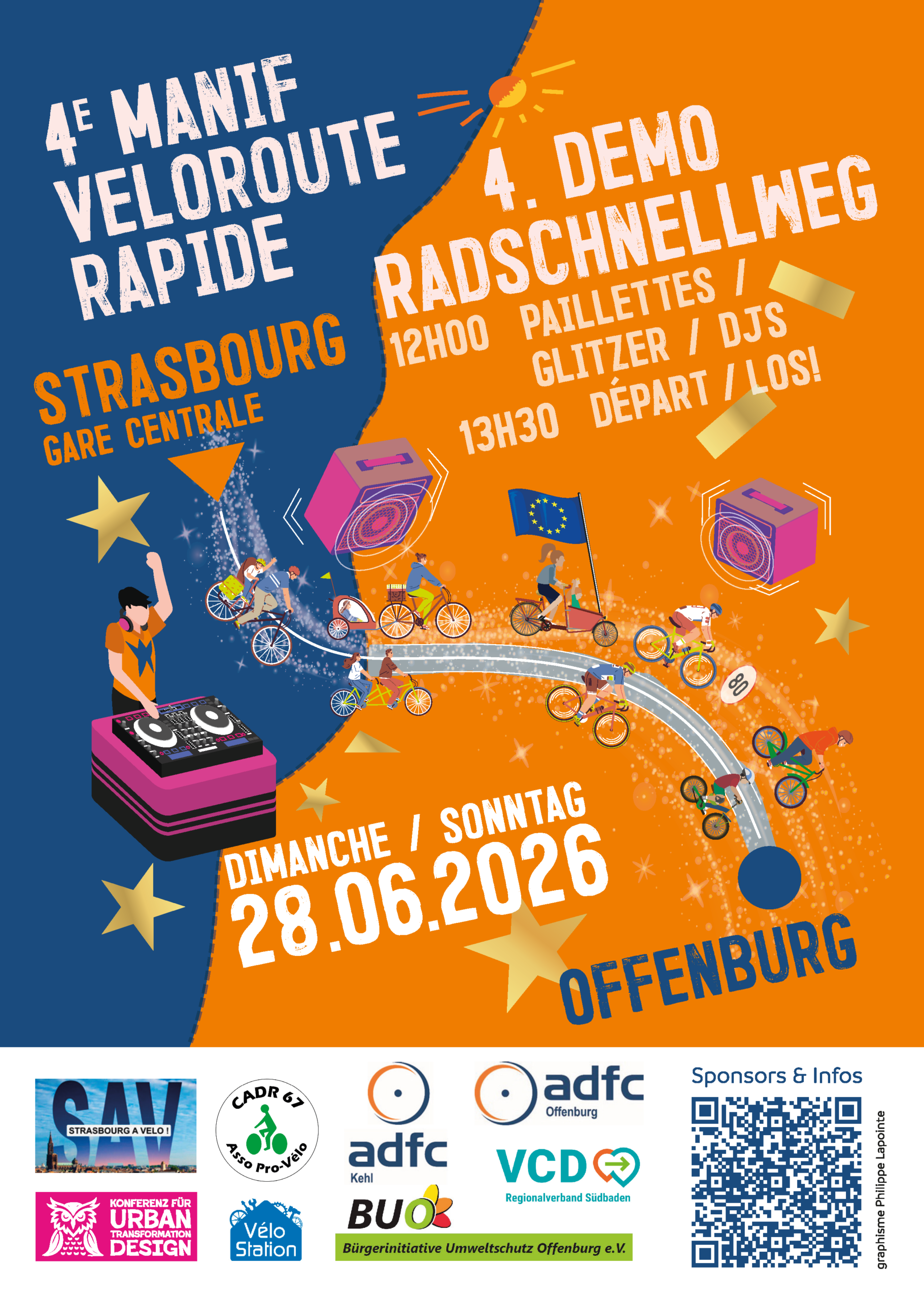 Buntes Veranstaltungsplakat für eine Fahrraddemonstration von Straßburg nach Offenburg am 28. Juni 2026 mit DJs, Glitzer und Sponsorenlogos, mit illustrierten Radfahrern, die eine musikalische Route fahren.