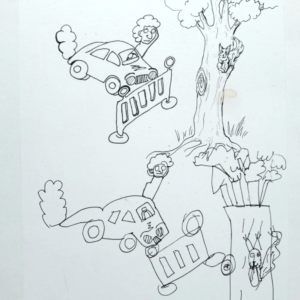 Schwarz-Weiß-Zeichnung von zwei lächelnden Autos mit Gesichtern und Armen, die jeweils ein Tor halten und an Bäumen vorbeifahren. In einem Baum sitzt ein Eichhörnchen, und in den Stamm eines anderen Baumes ist ein überraschtes Gesicht geschnitzt.
