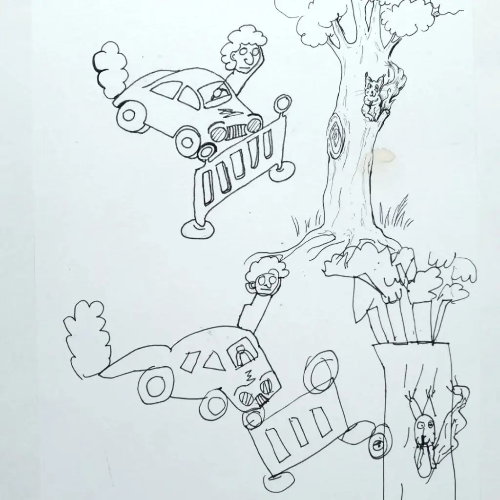 Schwarz-Weiß-Zeichnung von zwei lächelnden Autos mit Gesichtern und Armen, die jeweils ein Tor halten und an Bäumen vorbeifahren. In einem Baum sitzt ein Eichhörnchen, und in den Stamm eines anderen Baumes ist ein überraschtes Gesicht geschnitzt.