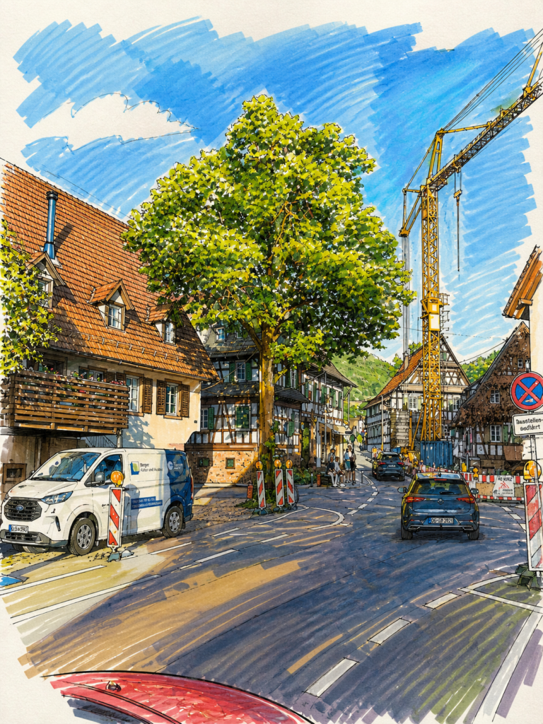 Eine lebendige Illustration einer europäischen Straßenszene mit Fachwerkhäusern, einem großen Baum in der Mitte, einem Baukran, Autos auf der Straße und Bauabsperrungen unter einem hellen Himmel mit vereinzelten Wolken.