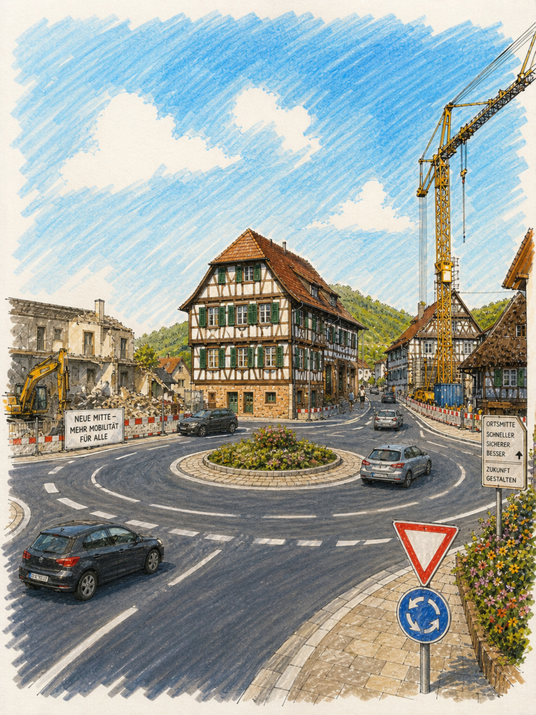 Eine Farbstiftzeichnung zeigt einen Kreisverkehr in einer europäischen Kleinstadt mit Fachwerkhäusern, fahrenden Autos, Baukränen, Maschinen und Straßenschildern unter einem blauen Himmel mit vereinzelten Wolken.