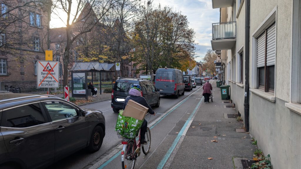 Eine Person fährt mit einem Fahrrad mit einer Kiste auf dem Rücken auf einem Radweg neben einer belebten Straße mit Autos und einer Häuserreihe. Eine andere Person mit einem Wagen geht voraus. Bäume mit Herbstlaub säumen die Straße.