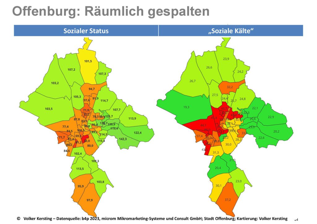 Zwei Karten von Offenburg vergleichen Gebiete nach sozialem Status (links) und sozialer Kälte (rechts), wobei Farbverläufe von grün (hoher Status/Wärme) bis rot (niedriger Status/Kälte) verwendet werden, um räumliche Ungleichheiten hervorzuheben.