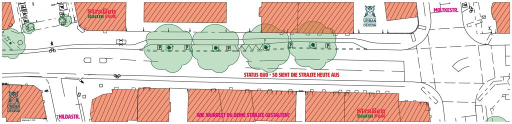 Eine Straßenkarte zeigt Gebäudeumrisse in Rot, grüne Bäume entlang eines Mittelstreifens, Fußgängerüberwege, Radwege und Bushaltestellen mit der Aufschrift STATUS QUO - SITZ BÄNKE VOR STRAßE HEUTE AUS. Hauptstraßen und nahe gelegene Parks sind ebenfalls eingezeichnet.