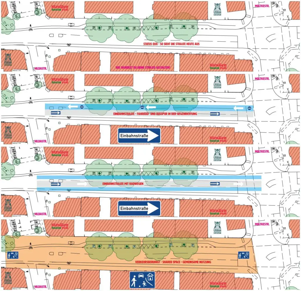 Ein detaillierter Straßenplan zeigt Fahrspuren, Parkplätze, Bürgersteige, Radwege, Bäume und Schilder, einschließlich Einbahnstraßen und Shared Space-Zonen, mit farblich gekennzeichneten Bereichen und deutschen Beschriftungen zur Orientierung.