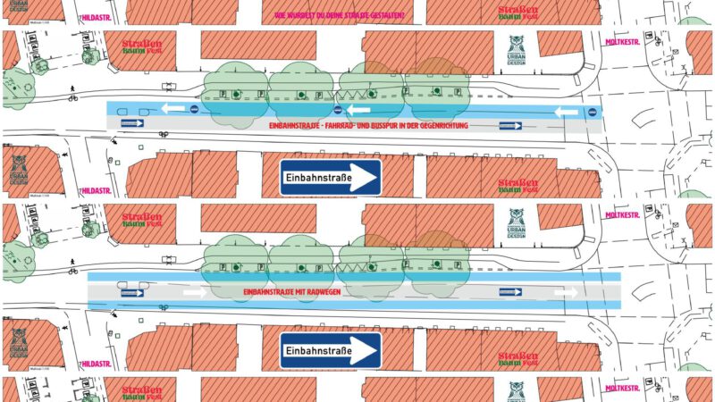 Ein detaillierter Straßenplan zeigt Fahrspuren, Parkplätze, Bürgersteige, Radwege, Bäume und Schilder, einschließlich Einbahnstraßen und Shared Space-Zonen, mit farblich gekennzeichneten Bereichen und deutschen Beschriftungen zur Orientierung.