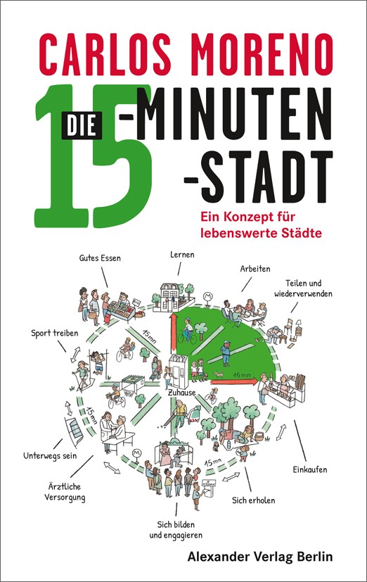 Buchcover: Carlos Moreno – Die 15-Minuten-Stadt; Untertitel 'Ein Konzept für lebenswerte Städte' mit kreisförmiger Alltagsszene rund um eine grüne Kugel.