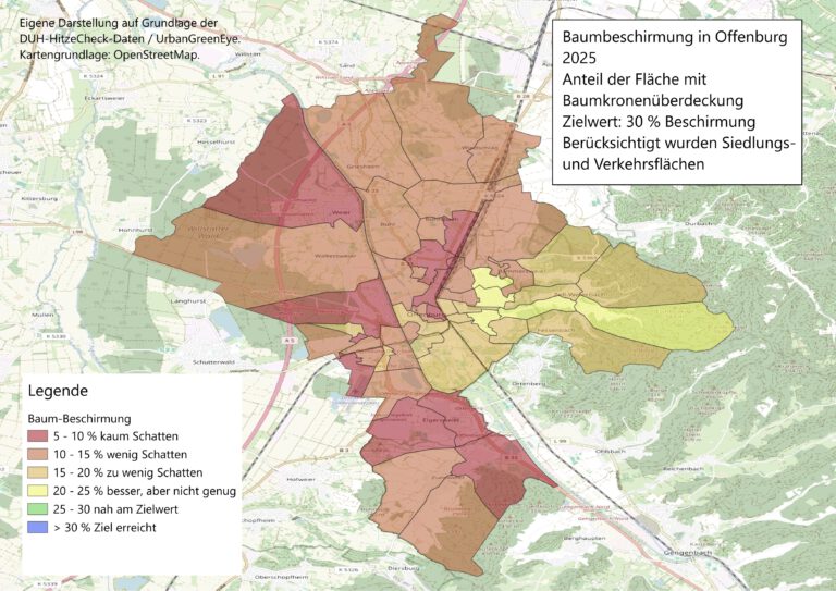 Mehr über den Artikel erfahren Offenburg hat nicht nur zu wenig Schatten. Offenburg hat ganze Stadtteile fast ohne Schutz.