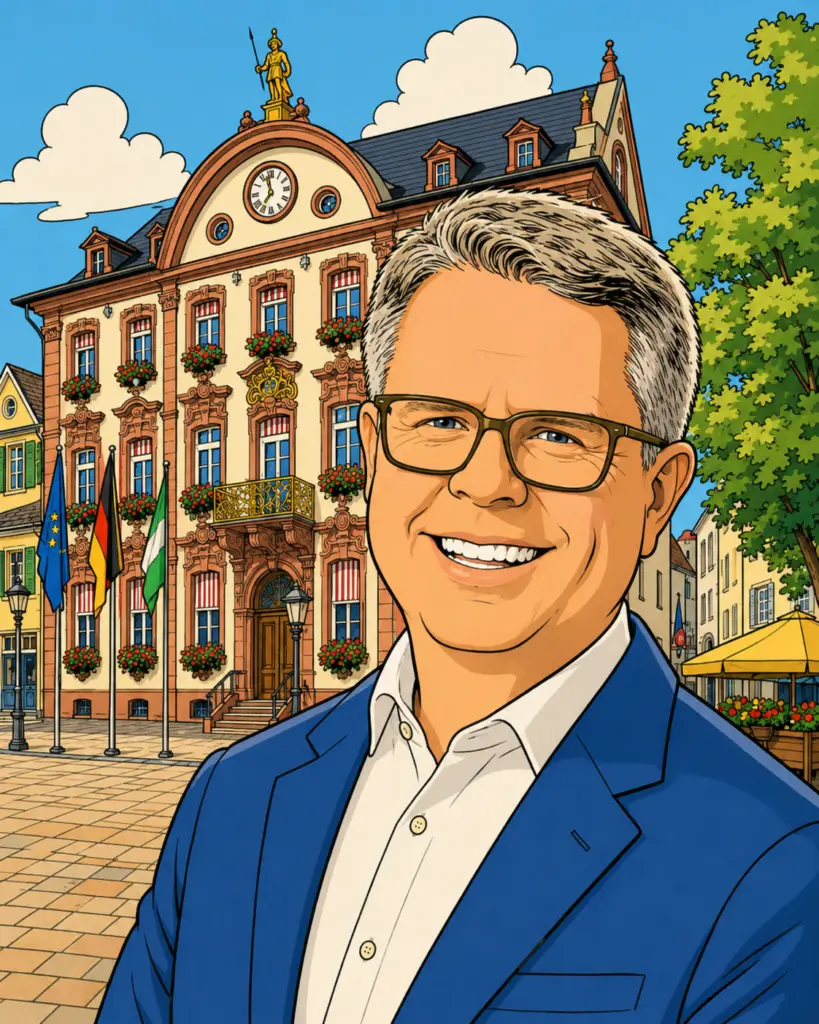 Ein lächelnder Mann im Anzug und mit Brille steht vor einem verschnörkelten Rathaus mit Blumenkästen, Fahnen und einer Uhr auf einem sonnigen europäischen Platz mit Bäumen und klassischen Gebäuden.