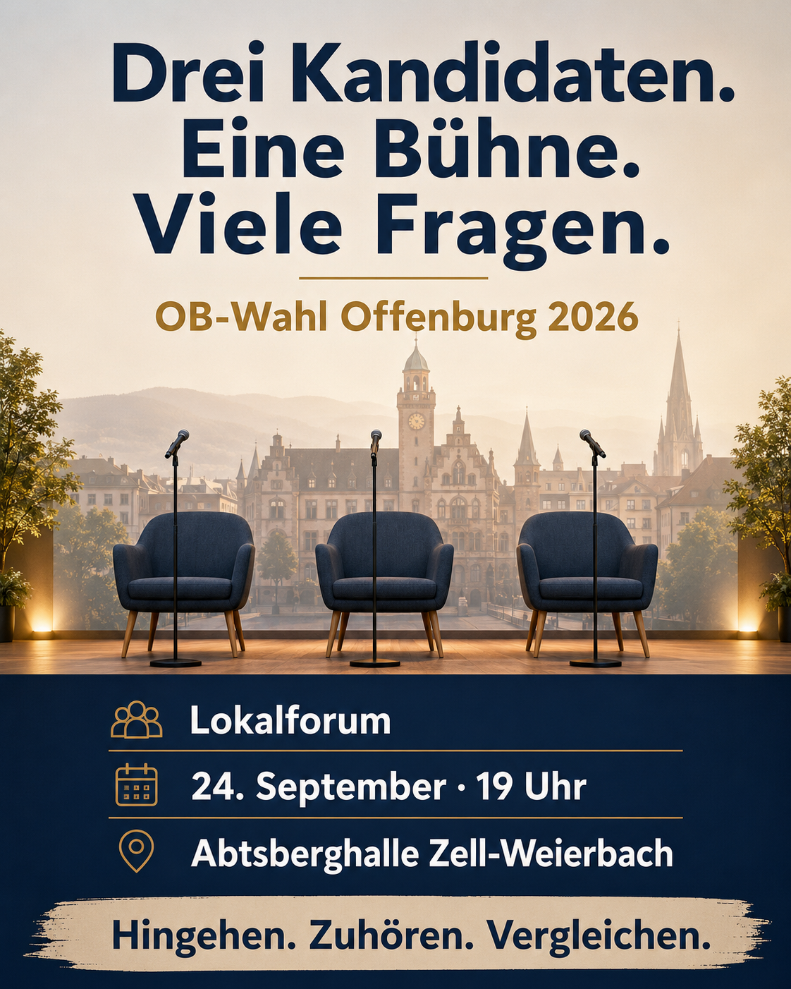Plakat für die Veranstaltung „OB-Wahl Offenburg 2026“ mit drei leeren Stühlen und Mikrofonen auf einer Bühne, einer Stadtkulisse im Hintergrund sowie Veranstaltungsdetails zu einem lokalen Forum am 24. September in der Abtsberghalle in Zell-Weierbach.