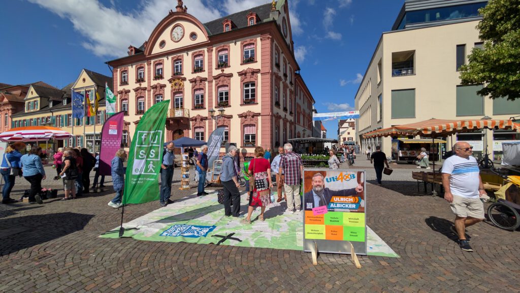 People walk and browse stalls in a sunny town square with a pink ornate building, flags, and market banners behind them.