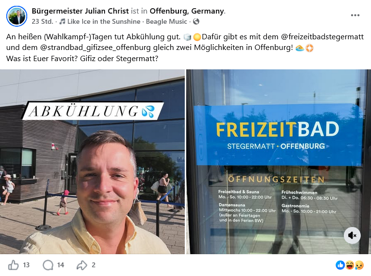 Two-panel photo: a man standing outside a building with a sign reading 'ABKÜHLUNG' on the left; a blue storefront sign 'FREIZEITBAD' Offenburg on the right.