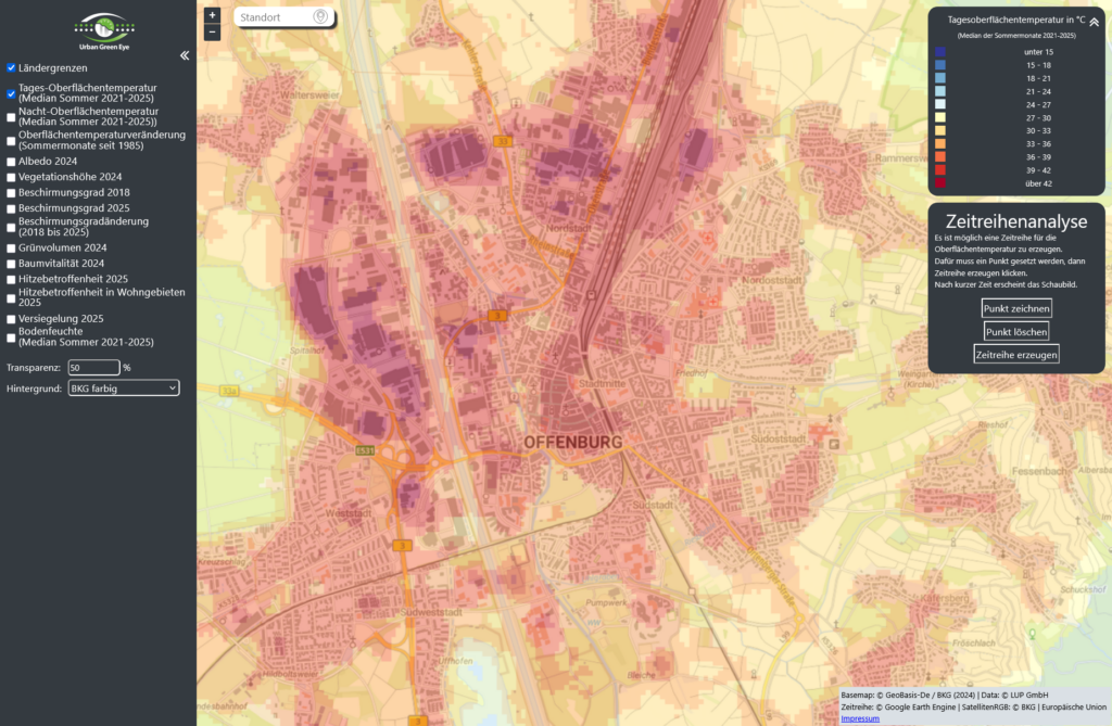 Eine farbcodierte Karte von Offenburg zeigt die Erreichbarkeit in verschiedenen Zeitfenstern an, wobei dunklere Farbtöne kürzere Fahrzeiten kennzeichnen. Rechts werden eine Legende und Analyseoptionen angezeigt, links sind verschiedene Kartenebenen aufgelistet.