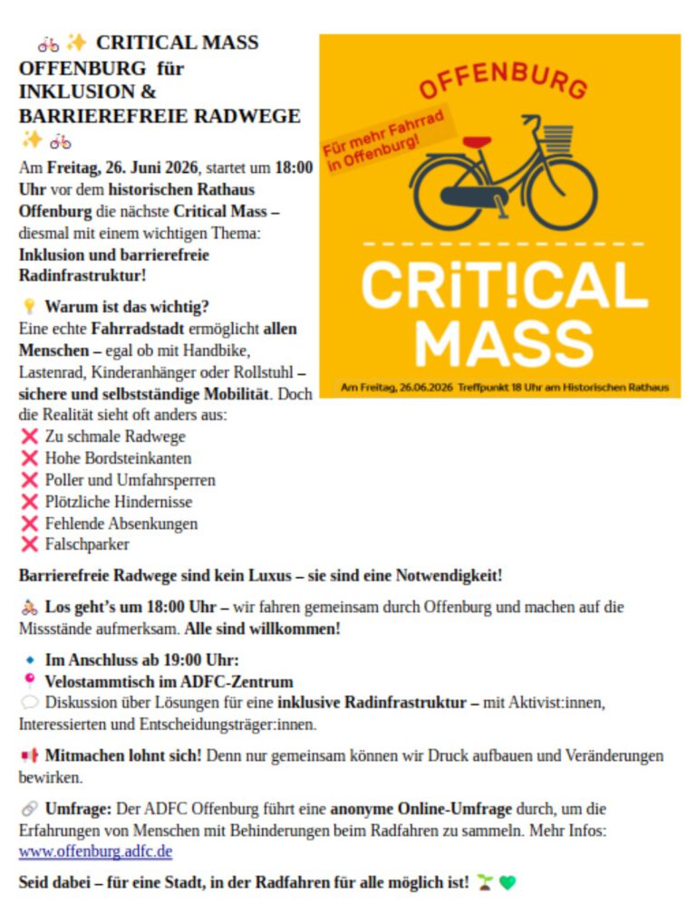 Mehr über den Artikel erfahren Critical Mass Offenburg: Radfahren muss für alle möglich sein