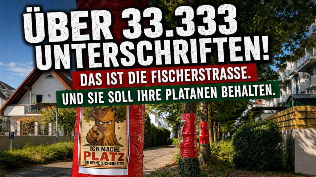 Eine deutsche Straße mit Plakaten an den Bäumen, auf denen zu lesen ist: „Ich mache Platz für deine Sicherheit!“ Der Text darüber lautet: „Über 33.333 Unterschriften! Das ist die Fischerstraße. Und sie soll ihre Platanen behalten.“.