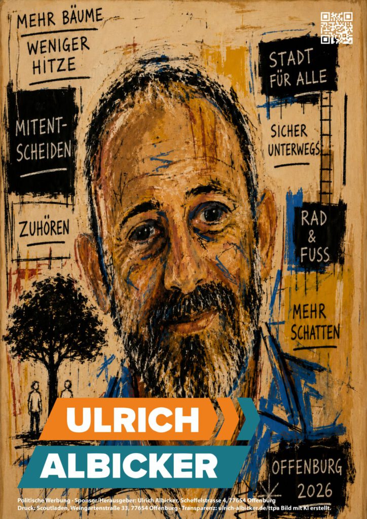 Porträt eines bärtigen Mannes vor einem strukturierten Hintergrund mit handgeschriebenen Sätzen über das Stadtleben, Bäume, Schatten und Sicherheit. Unten sind „Ulrich Albicker“ und „Offenburg 2026“ deutlich zu sehen.