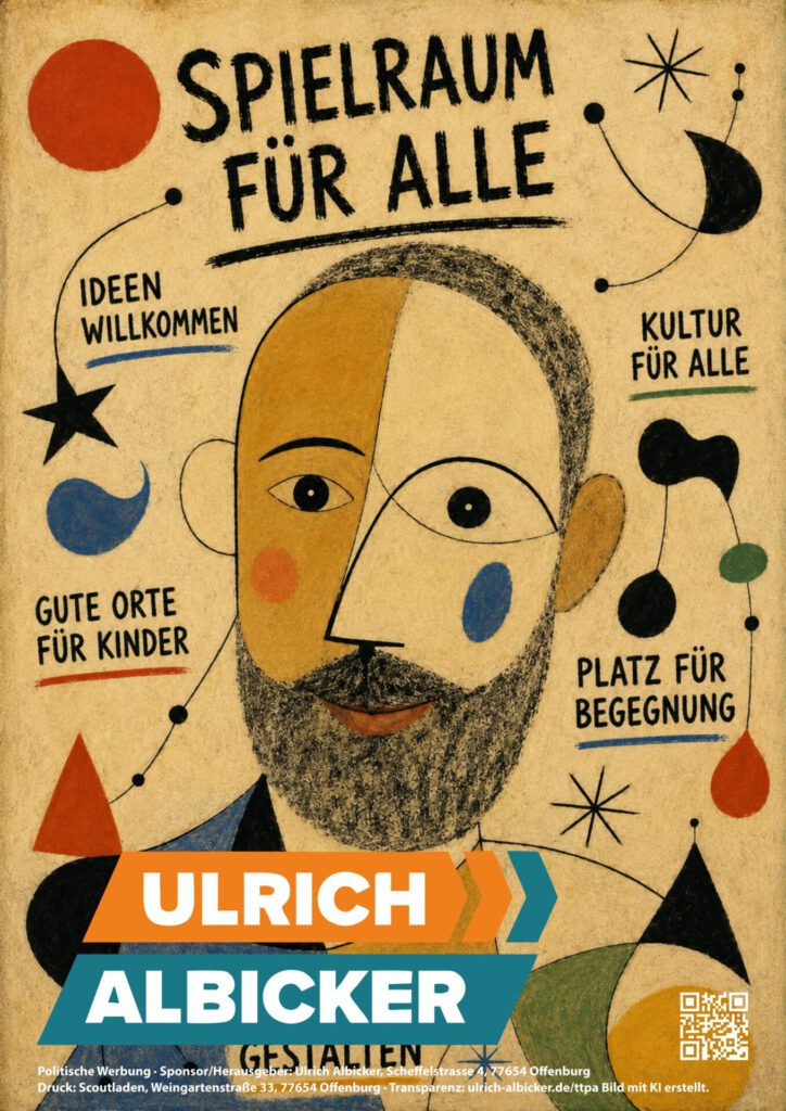 Farbenfrohe, abstrakte Zeichnung eines lächelnden Männergesichts, umgeben von deutschen Sprüchen, die für Inklusion, Kreativität und Gemeinschaft werben. Unten sind der Text „Ulrich Albicker“ sowie Details zur Kampagne zu sehen.