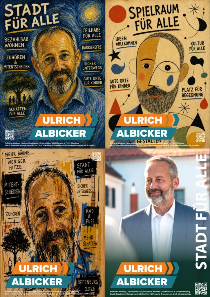 Vier Wahlplakate für Ulrich Albicker mit seinem Porträt im illustrierten und fotografischen Stil sowie Botschaften zu bezahlbarem Wohnraum, Spielplätzen, Grünflächen und Gemeinschaft für alle in Offenburg.