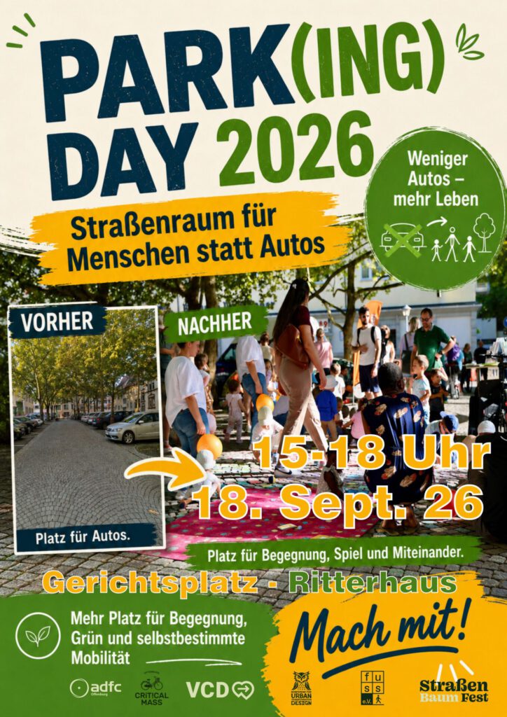 Plakat für den PARK(ING) DAY 2026, das einen Parkplatz zeigt, der in eine lebendige Grünfläche verwandelt wurde. Der Text lädt dazu ein, am 18. September von 15 bis 18 Uhr am Gerichtsplatz-Ritterhaus dabei zu sein.
