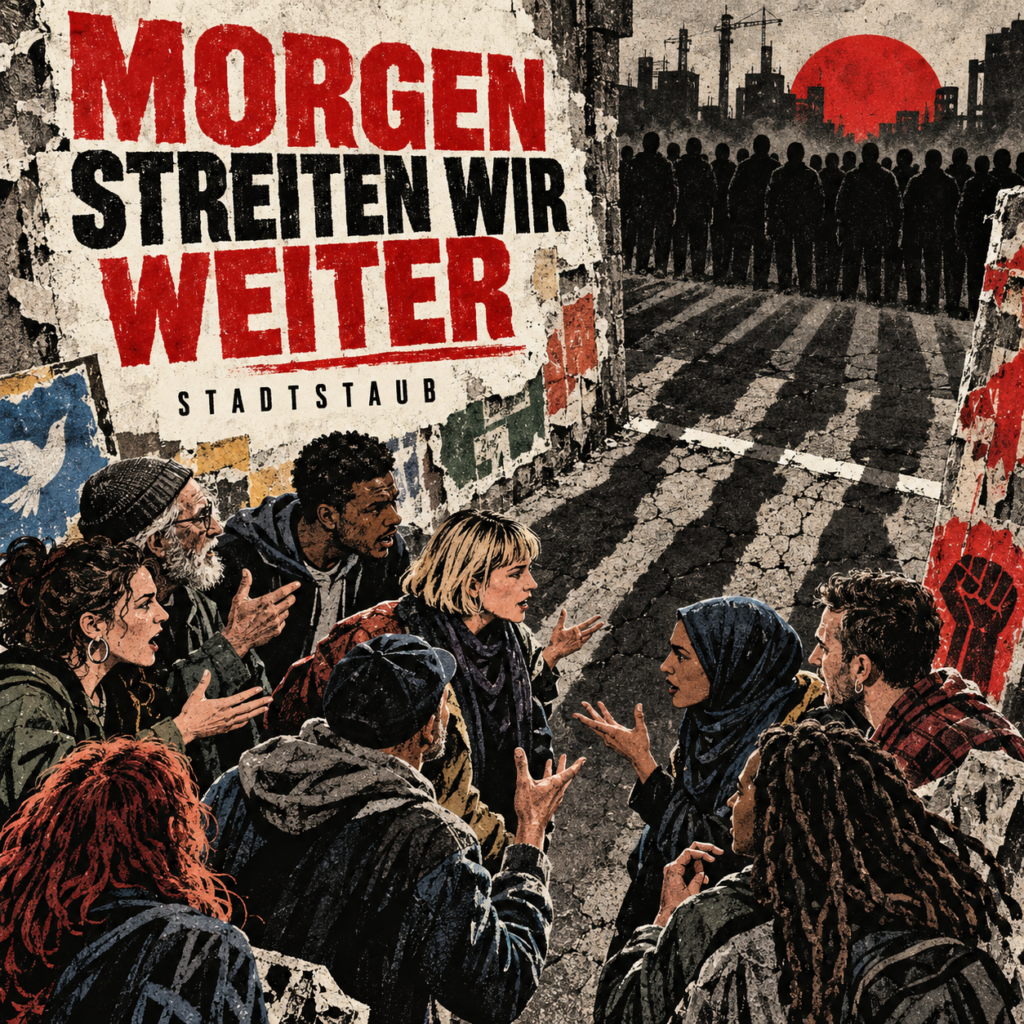 Eine bunt gemischte Gruppe sitzt in der Nähe einer zerbrochenen Mauer mit Protestkunst und diskutiert. Im Hintergrund blickt eine Menschenmenge auf Fabriken und eine rote Sonne. Ein großer deutscher Schriftzug lautet: „MORGEN STREITEN WIR WEITER STADTSTAUB…“.