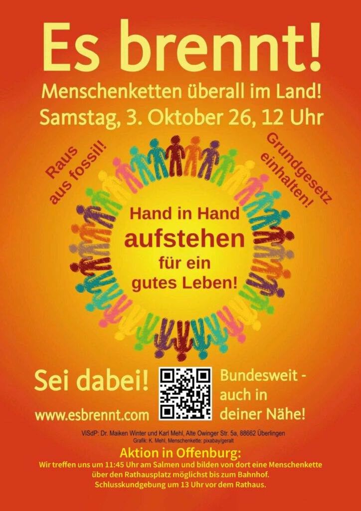 Ein deutsches Plakat mit bunten Figuren, die sich im Kreis an den Händen halten, wirbt für eine Klimademonstration am 3. Oktober. Der Text hebt den Ausstieg aus fossilen Brennstoffen und Menschenketten hervor und fordert die Menschen auf, sich für ein besseres Leben einzuschalten.
