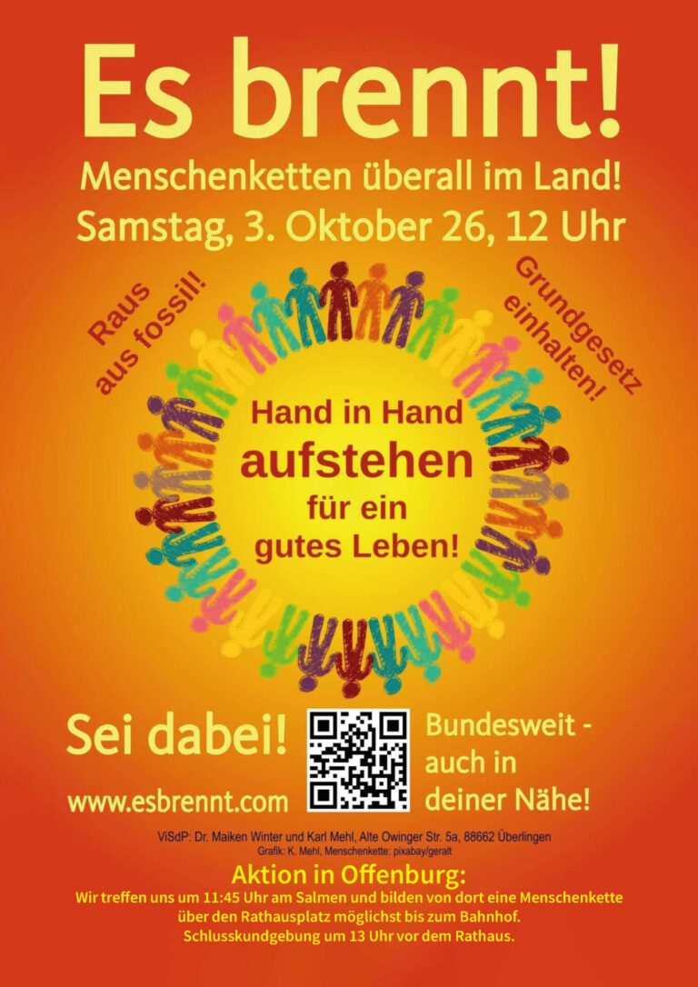 Mehr über den Artikel erfahren Es brennt: Offenburg bildet eine Menschenkette für Klimaschutz und Menschenrechte