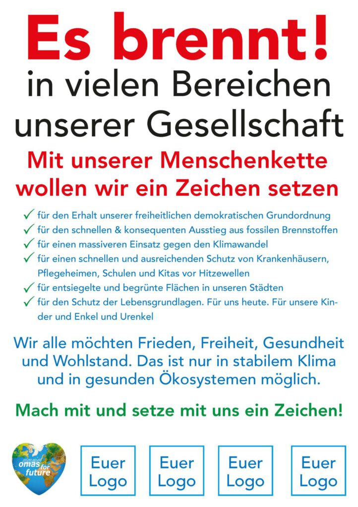 Deutsches Plakat mit der auffälligen roten Aufschrift „Es brennt!“ und grünen Häkchen, die soziale und ökologische Ziele auflisten und zur Mitwirkung für Frieden, Freiheit und Klimaschutz aufrufen. Unten ist Platz für Logos vorgesehen.
