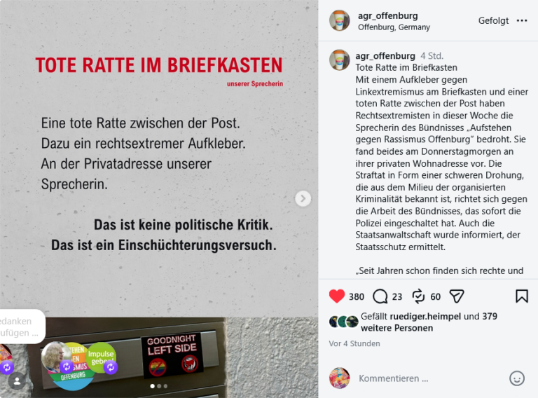 Mehr über den Artikel erfahren Tote Ratte im Briefkasten: Solidarität mit Jenny Haas