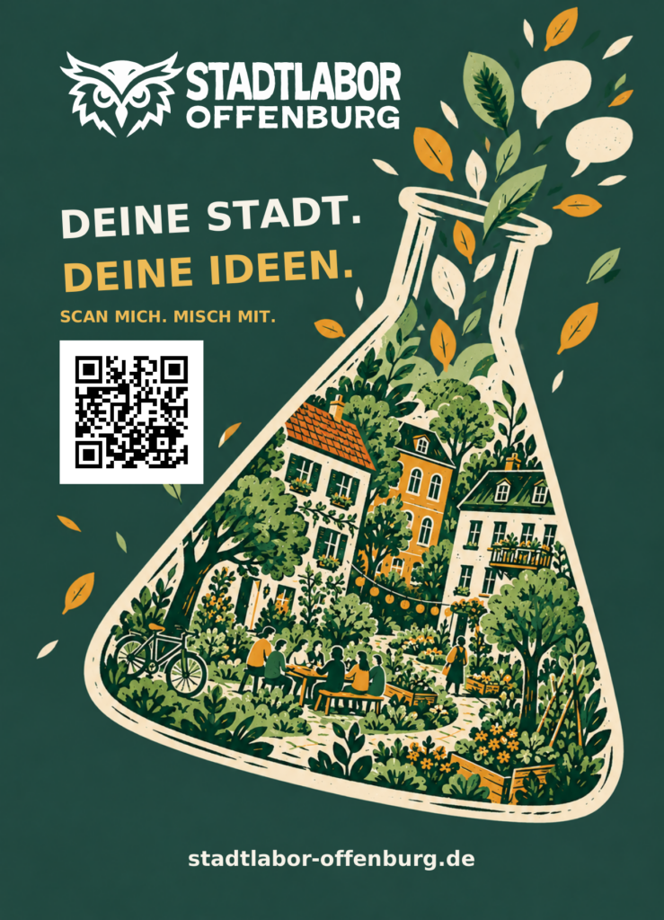 Plakat für das Stadtlabor Offenburg mit einer Illustration einer Gartenszene in einem Laborgefäß, dem Text Deine Stadt. Deine Ideen. und einem QR-Code.